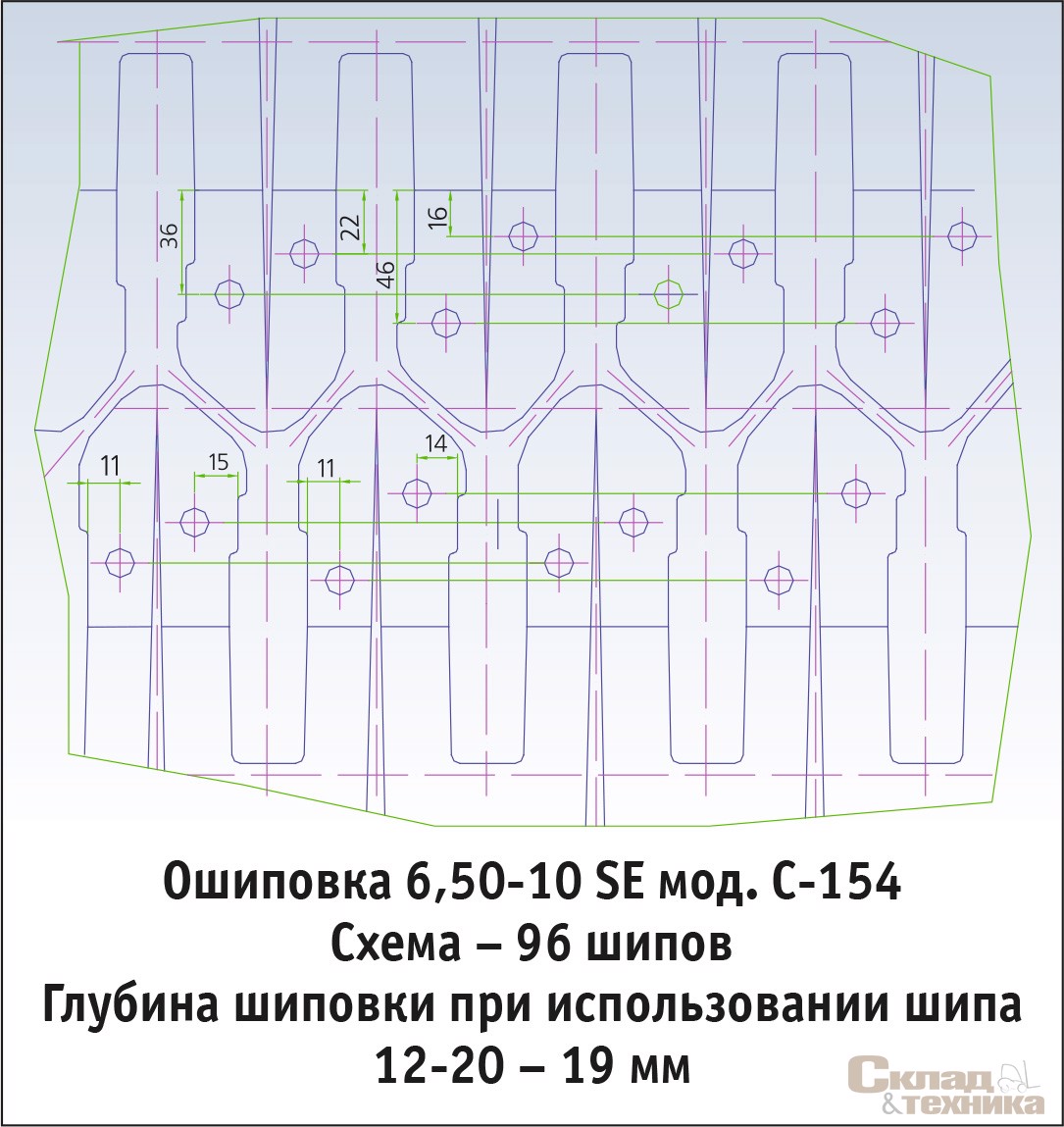 Варианты схемы ошиповки грузовыми однофланцевыми шипами 12-20 шин суперэластик производства ООО «Уралшина» нескольких наиболее востребованных размерностей (разработано с учетом конструкционных особенностей рисунков протектора)