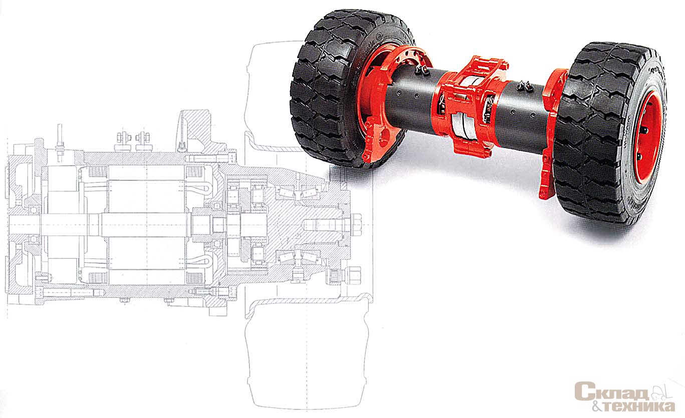 Ведущие передние колеса четырехопорных электропогрузчиков серии Е фирмы Linde имеют раздельные приводы