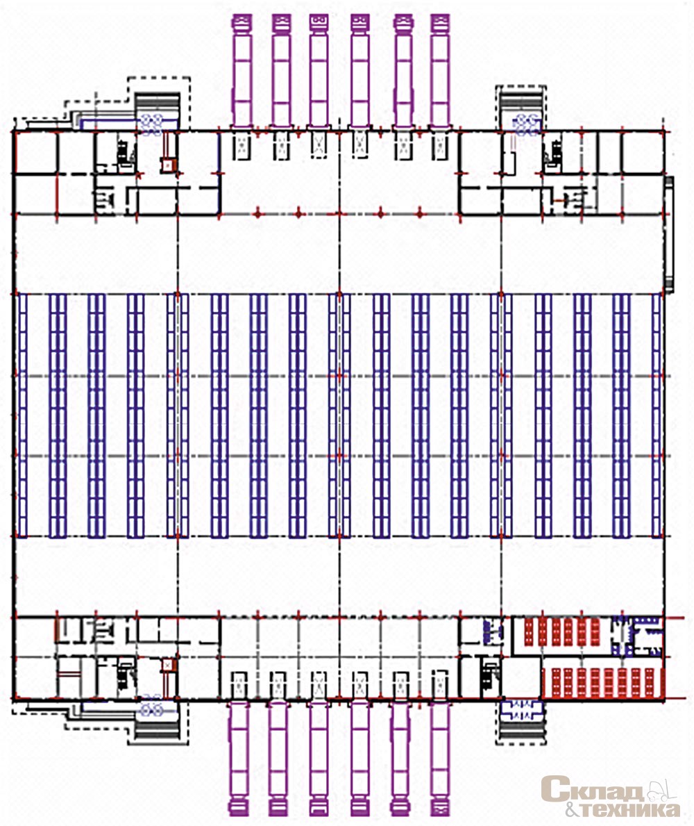 Рис. 14. [b]Традиционный склад с прямолинейными потоками общей площадью порядка 9600 м[sup]2[/sup][/b]