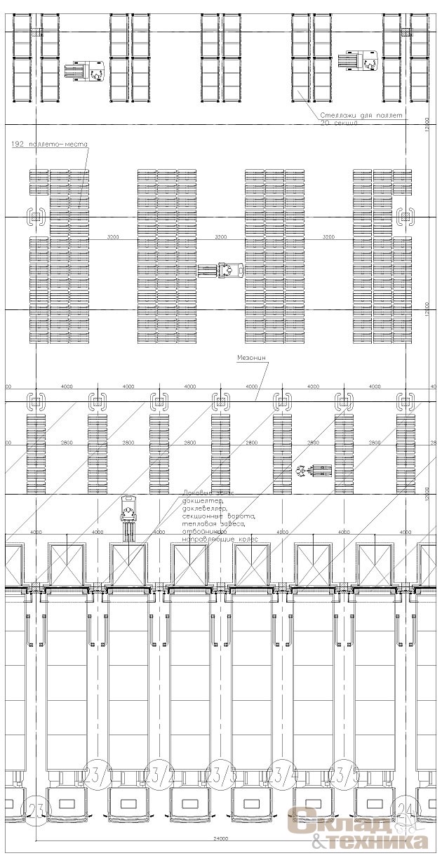 Рис. 7. [b]Установка доковых зон и колонн мезонина с шагом 4 м. Топология зоны приемки и хранения[/b]
