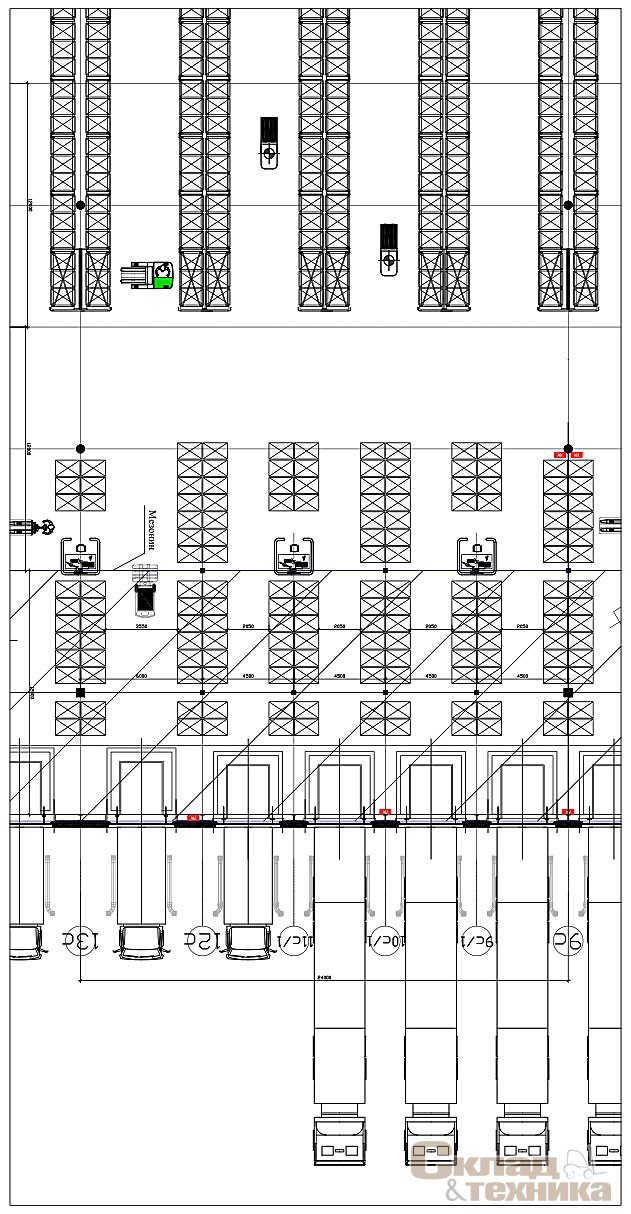 Рис. 11. [b]Размещение доков и топология зоны приемки и хранения при установке колонн мезонина с разным шагом (4 шага по 4 м и один шаг 6 м)[/b]