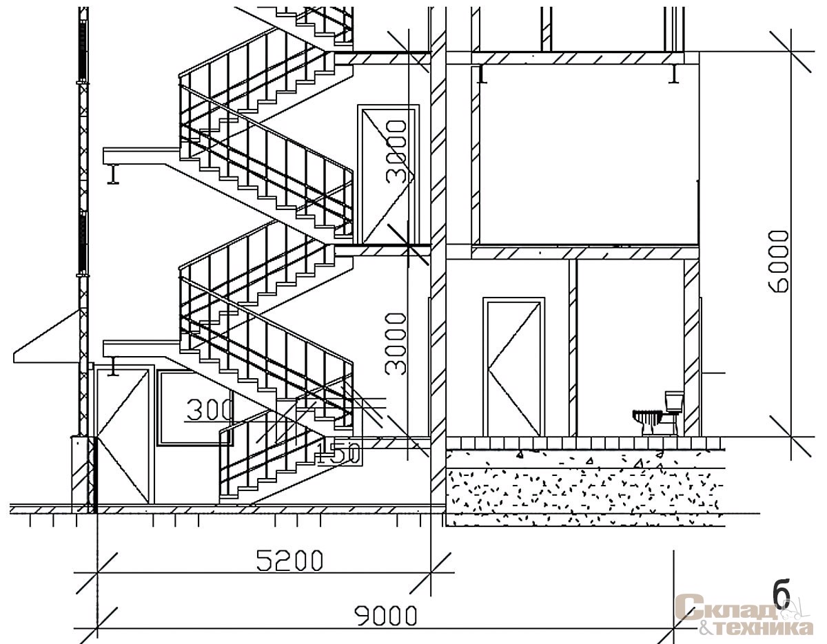 [b]Рис. 10а и 10б.[/b] Параметры четырехмаршевой лестницы высотой 5250 мм (высота до верха мезонина с учетом балок и пола перекрытия 6000 мм)