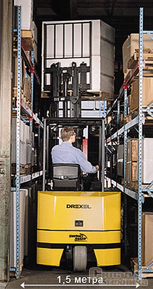Узкопроходный погрузчик Drexel в межстеллажном проходе шириной 1,5 м